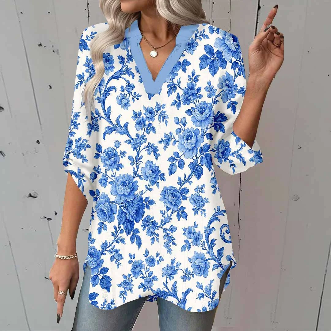 Women Tropical, Blue DZGA0105 3/4 Sleeve V-neck Printed Graphic Button Tops