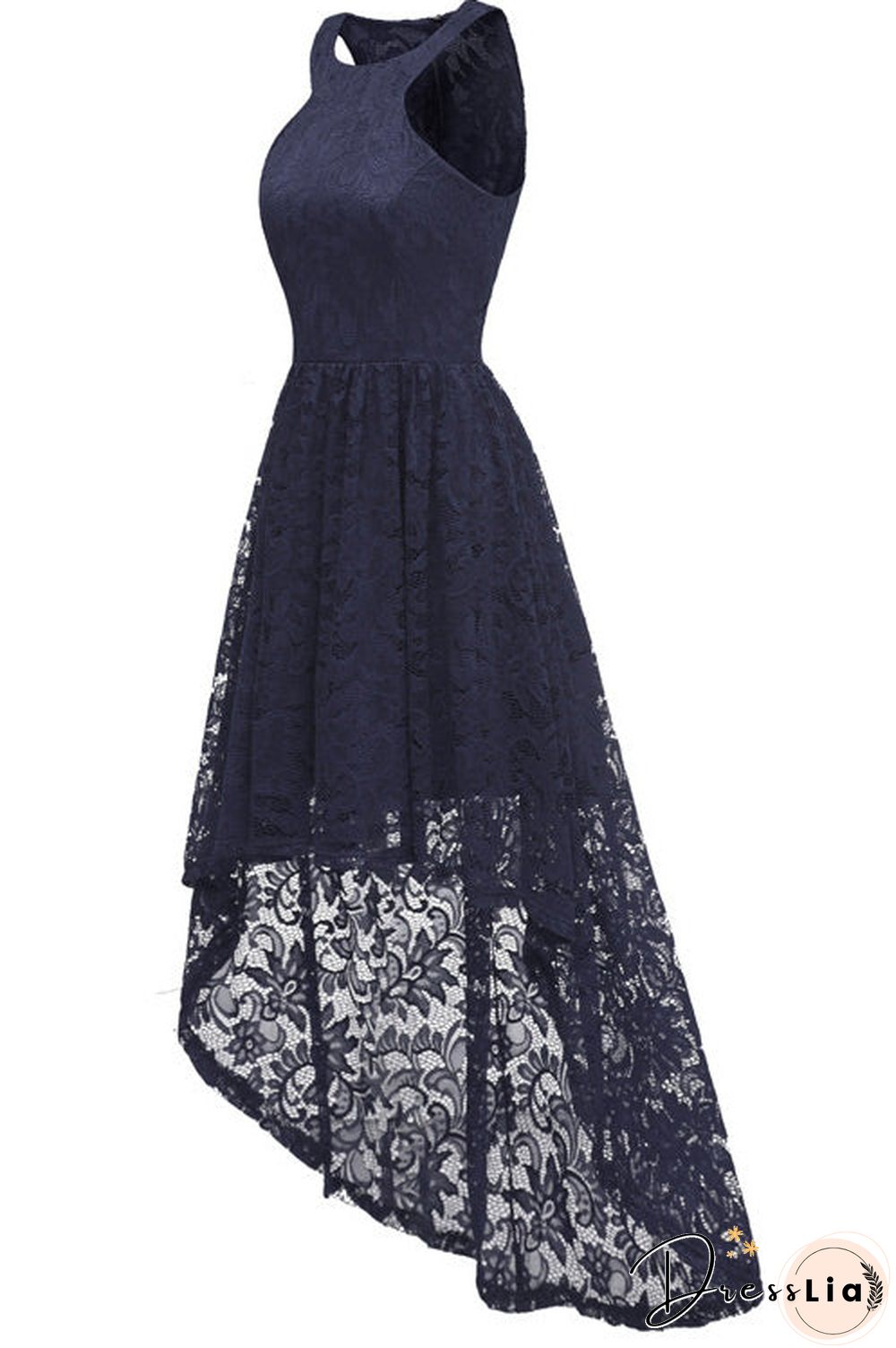Dark Navy High Low Cut Out Lace Prom Dress