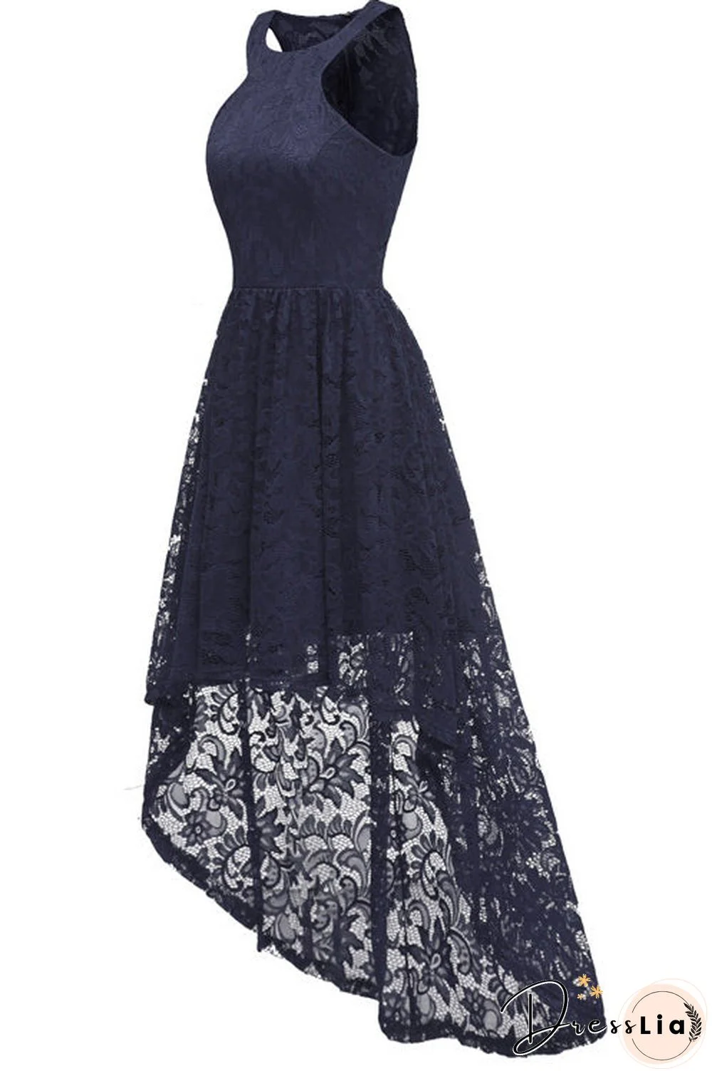 Dark Navy High Low Cut Out Lace Prom Dress