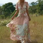 Bohemian Retro Countryside Style Plant Flower Design Women's Linen Dress - Image 2