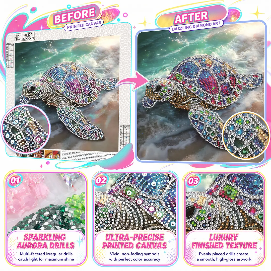 Beach Shimmering Beaded Turtle Special Shaped 5D DIY Partial Drill Diamond Painting Kits for Adults Beginners Home Decor Diamonds Dots Gem Art Kits 11.81 X11.81inch