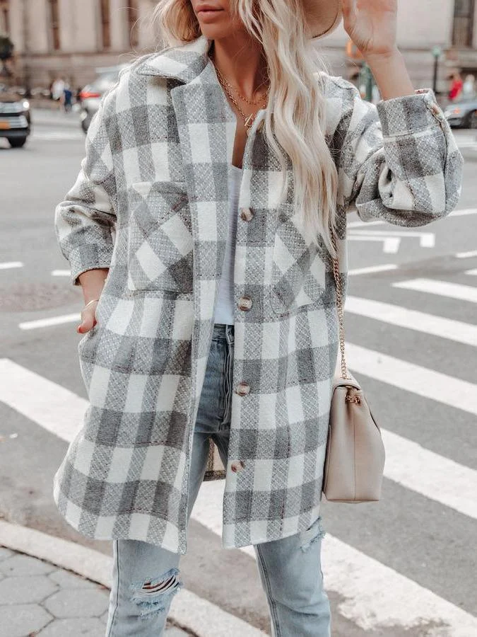 Mayoulove Lapel plaid pocket winter coat-Mayoulove