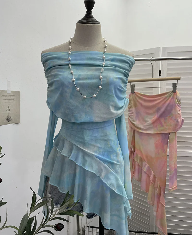 Nigikala Nigikala And Spicy Shoulder Dyed Printing Mesh Long-Sleeved Coat Folds Irregular Ribbon T-Shirt 9997