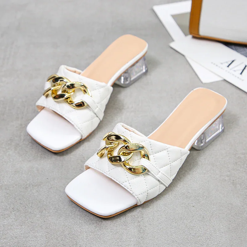Qengg New Large Size Sandals and Slippers Fashion Chain Plaid High Heel Thick Heel Square Toe Rubber Sandals for Women