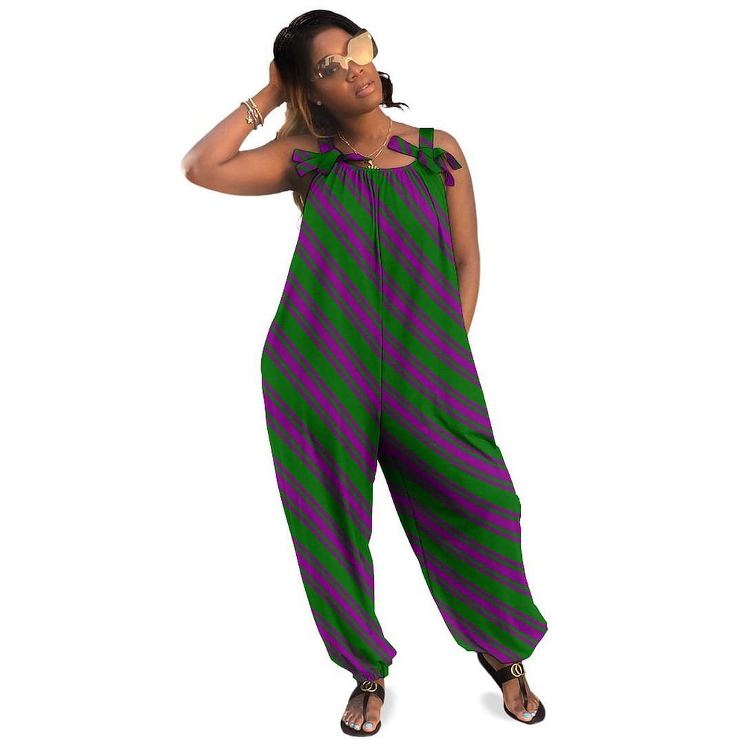 Dark Green And Purple Striped Pattern Boho Vintage Loose Overall Corset Jumpsuit Without Top