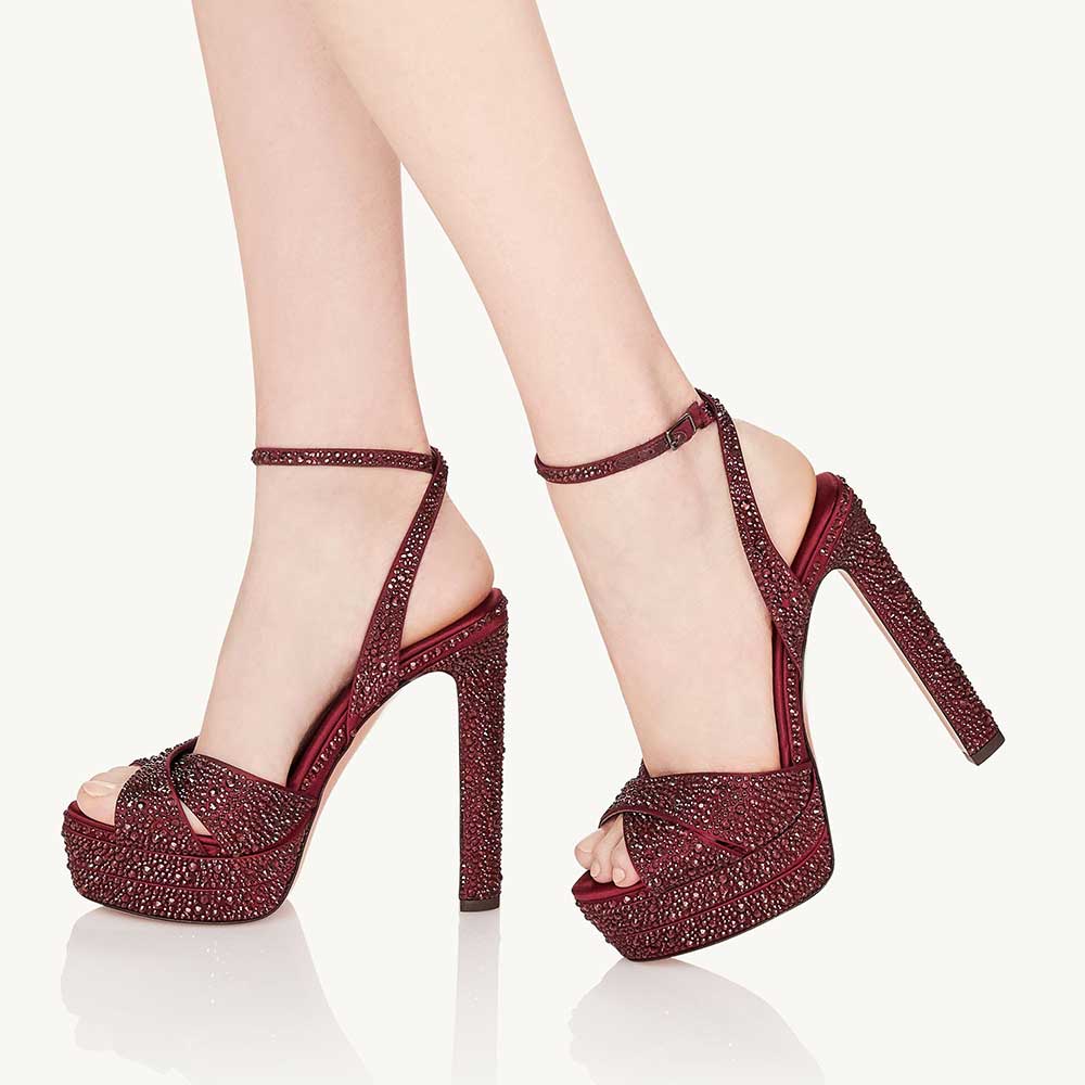 Maroon Rhinestone Open Toe Block Heel Ankle Strap Platform Sandals Nicepairs