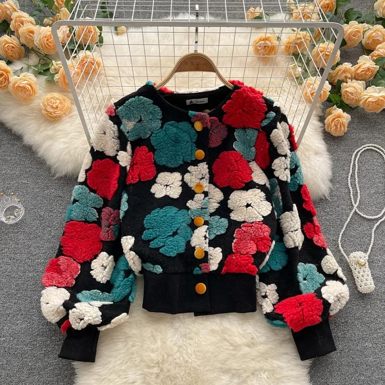 3D Flower Cardigan Plush Button Coat