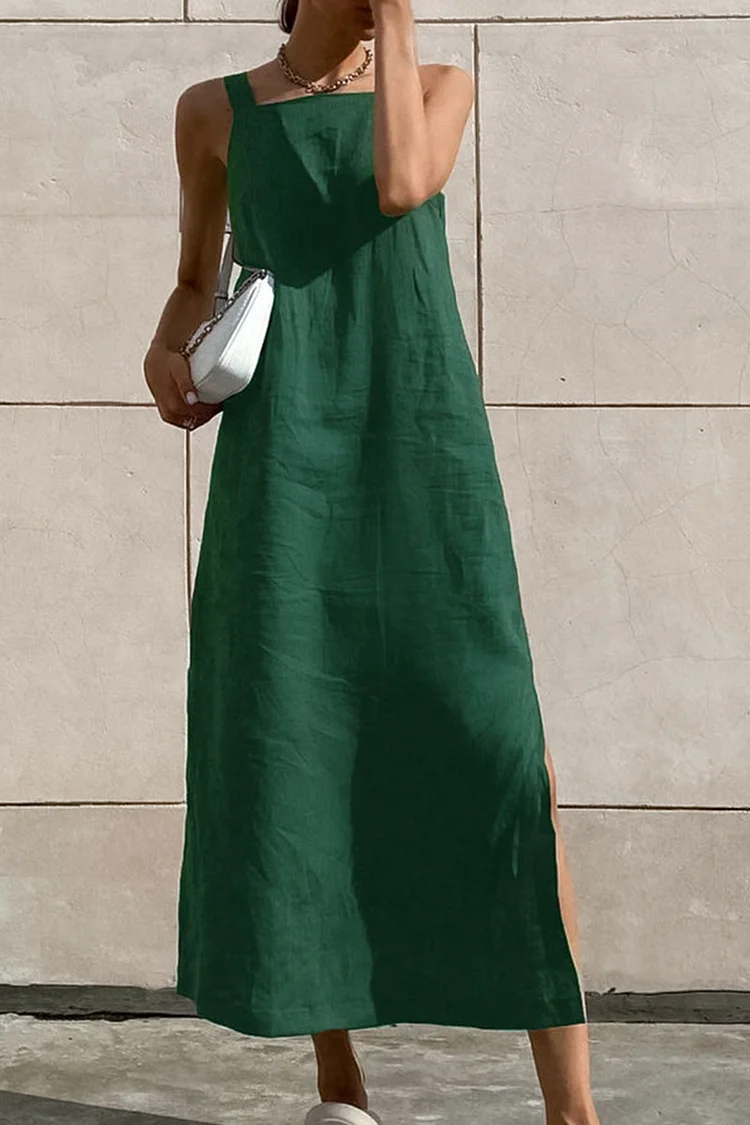 Linen Square Neck Solid Color Sleeveless Slit Maxi Dresses