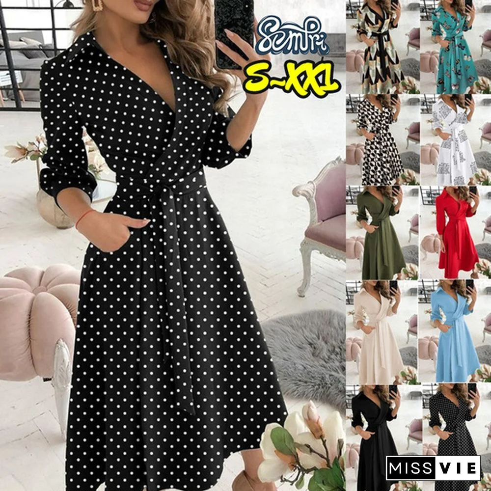 Women Fashion V-neck Print Summer Dress Belt Lace Up Party A Line Prom Dress Long Sleeve Tunic Dress Ladies Casual Dress