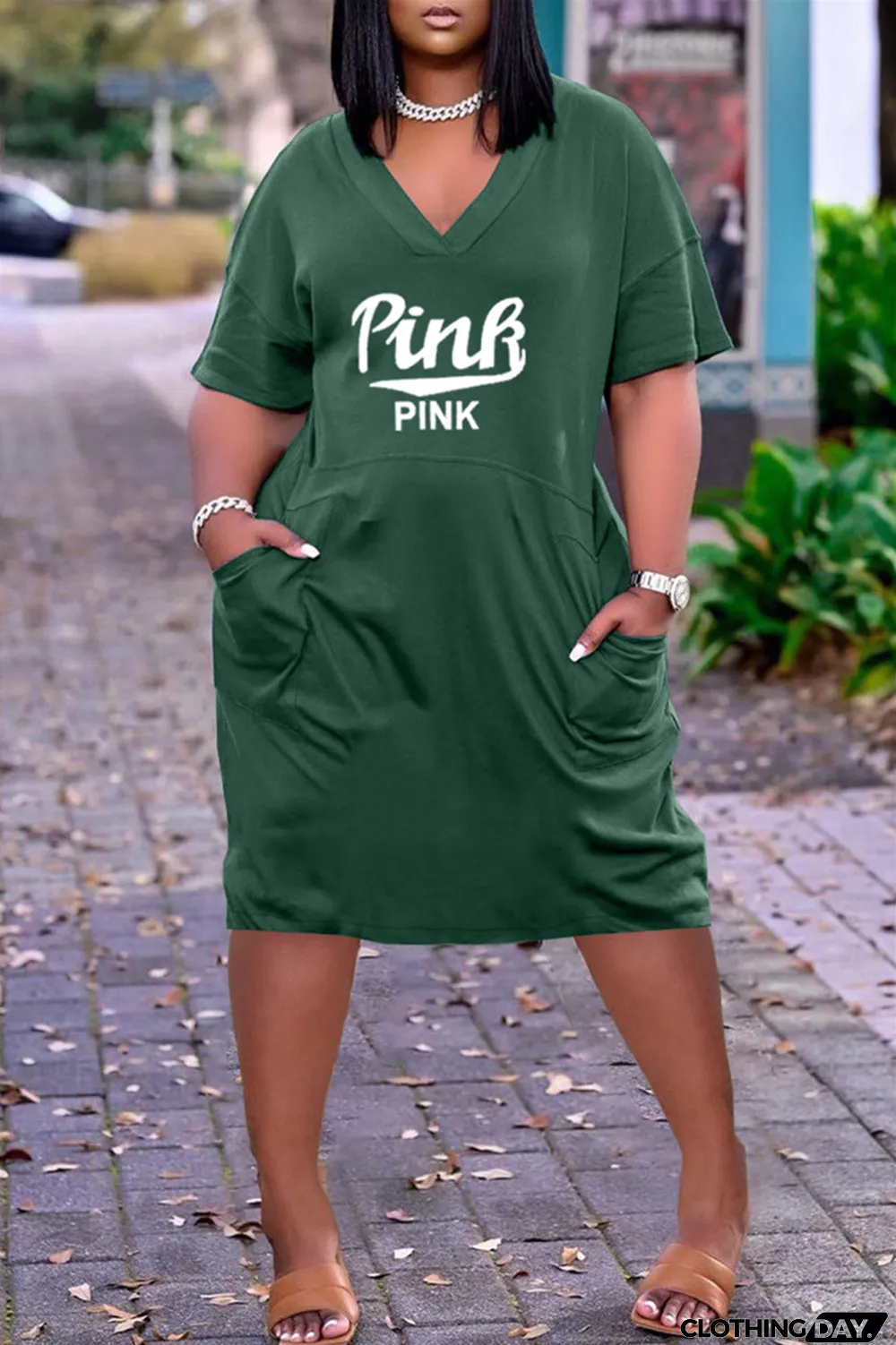 Red Fashion Casual Letter Print Basic V Neck Short Sleeve Dress Dresses