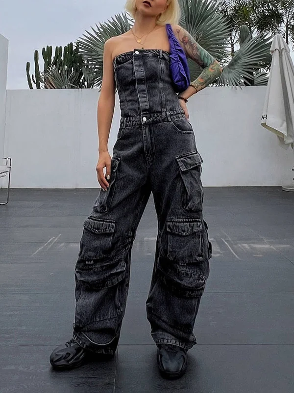 Split-Joint Pockets Buttoned Wide Leg Sleeveless Tube Jumpsuits