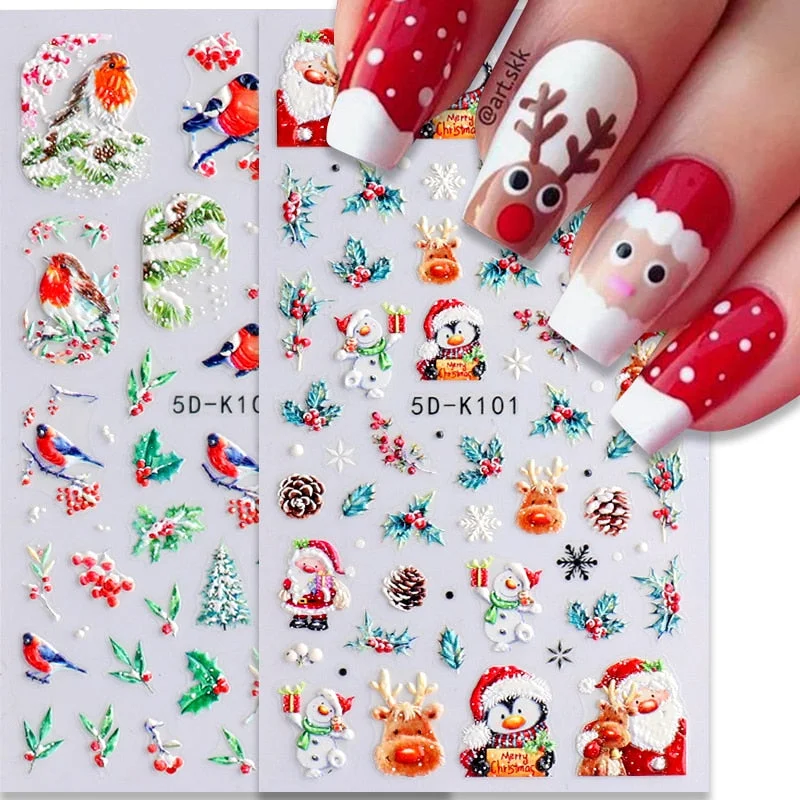 5D Winter Christmas Embossed Manicures Stickers Nail Art Decoration Bird Snowflakes Festive Design Xmas Decals For Manicuring