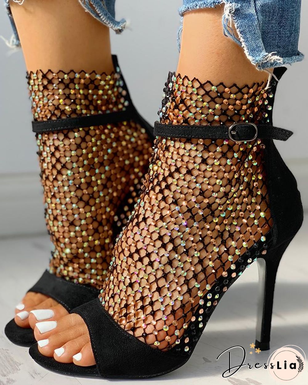 Studded Grid Mesh Open Toe Thin Heels