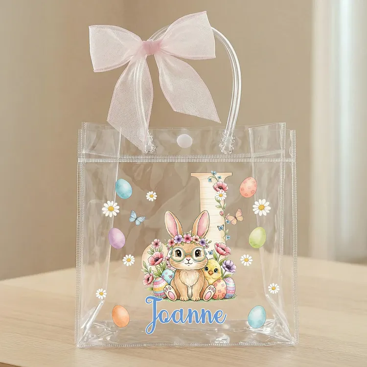 Personalized Bow Ribbon Colorful Easter Eggs Rabbit Chicks Clear Gift Bag with Name and Initial Easter Party Favors Gift for Kids