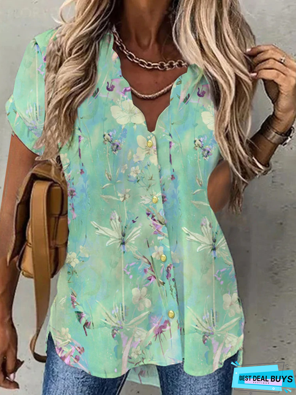 Loosen V Neck Short Sleeve Tunic Blouse