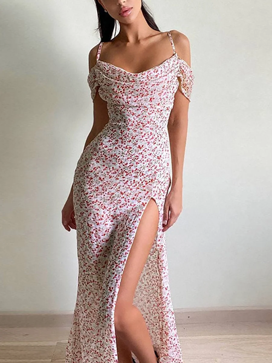 High slit floral suspender dress
