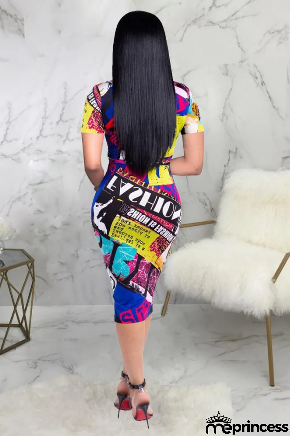 Multi-color Polyester Fashion Sexy Cap Sleeve Short Sleeves V Neck Pencil Dress Knee-Length Patchwork Print Clu