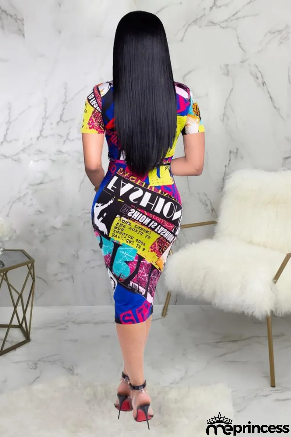 Multi-color Polyester Fashion Sexy Cap Sleeve Short Sleeves V Neck Pencil Dress Knee-Length Patchwork Print Clu