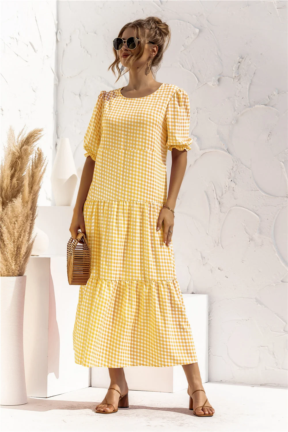 Brownm Sleeve Dot Plaid Urban Style Loose Stitching Long Dress