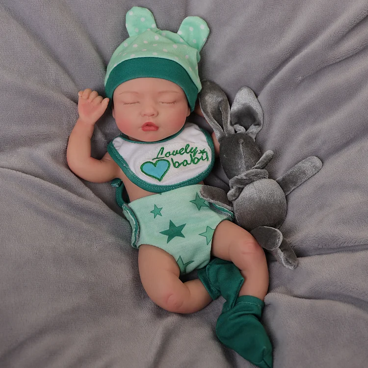 Babeside Suzy 12" Full Silicone Reborn Baby Lovely Girl Lifelike Sleeping With Green Ear Beanie Cap 