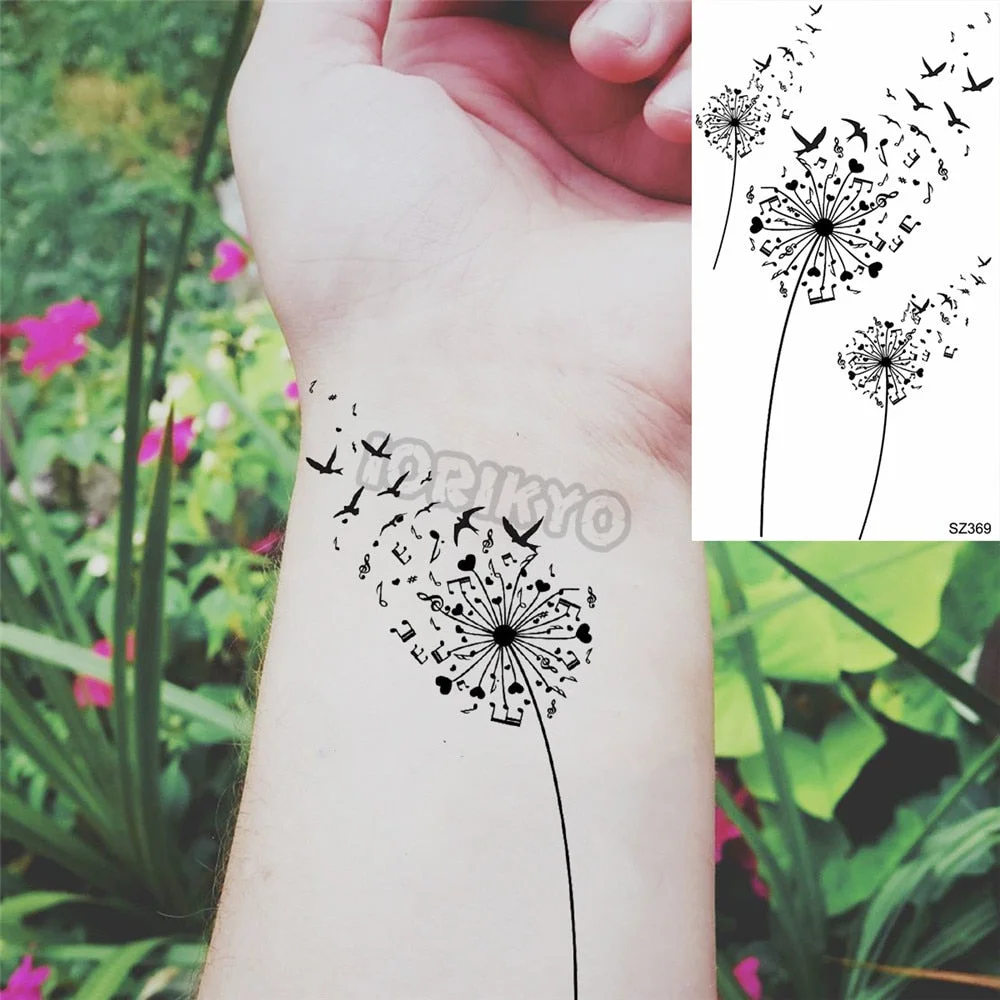 Black Pencil Sketch Henna Lotus Temporary Tattoos For Women Girls Realistic Planet Dandelion Fake Tattoo Sticker Back Arm Tatoos