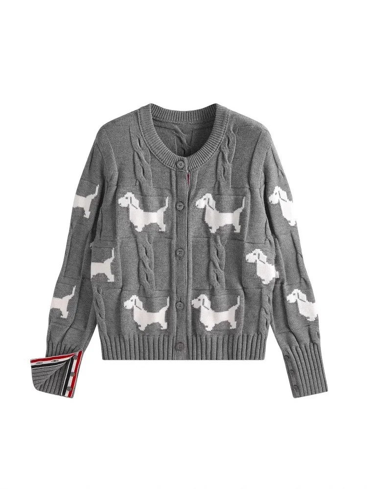 Nigikala Nigikala Spring And Autumn Women's Round-Neck Knitted Shirt Jacket Puppy Pattern Sweater Women Put On The Long Sleeve Design Sense