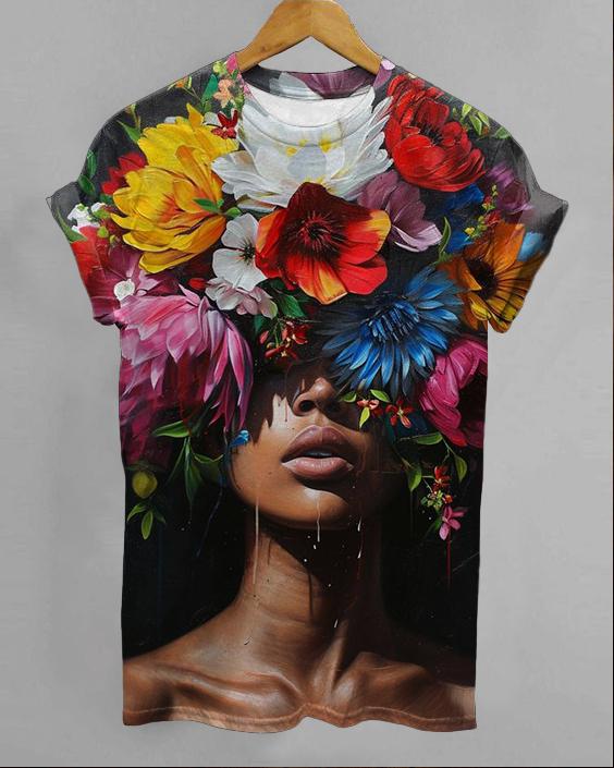 Black Girl Flower Oil Painting Women's Round Neck Short Sleeve T-shirt