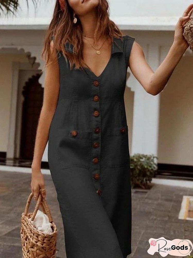 Sleeveless Casual V Neck Shift Maxi Dress