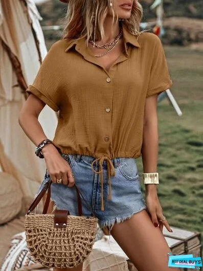 Drawstring Button Up Short Sleeve Blouse