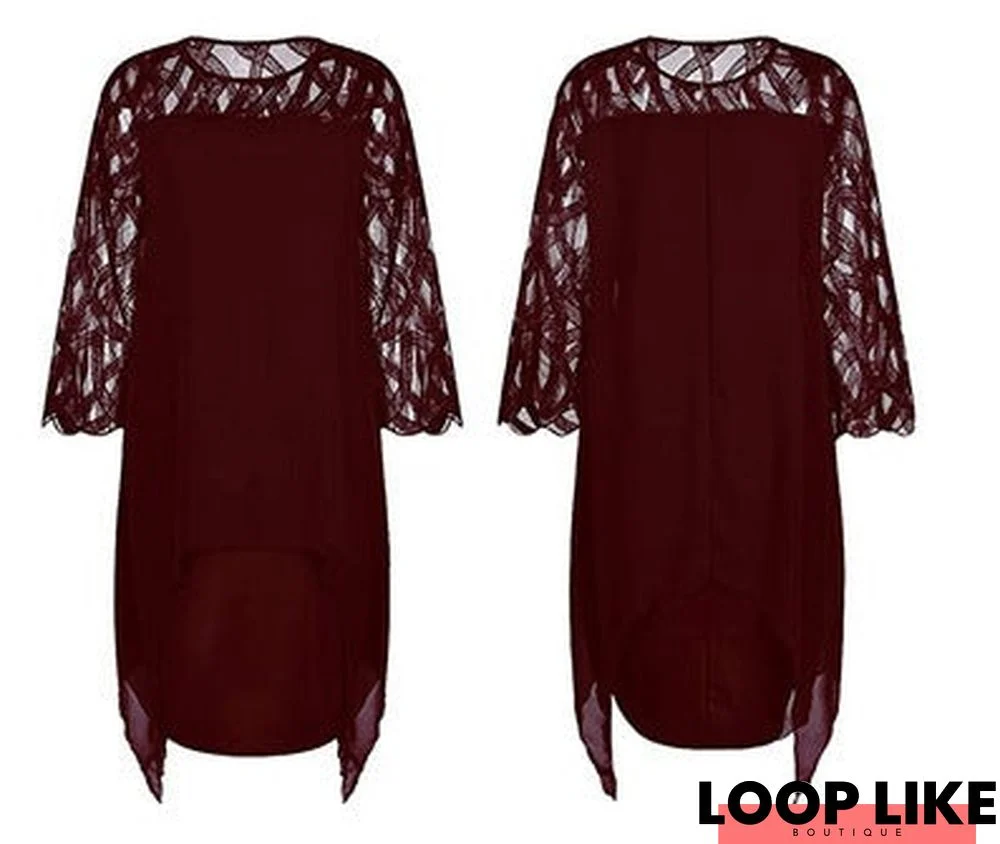 Lace Stitched 3 / 4 Sleeve Irregular Hem Chiffon Dress Black Dresses
