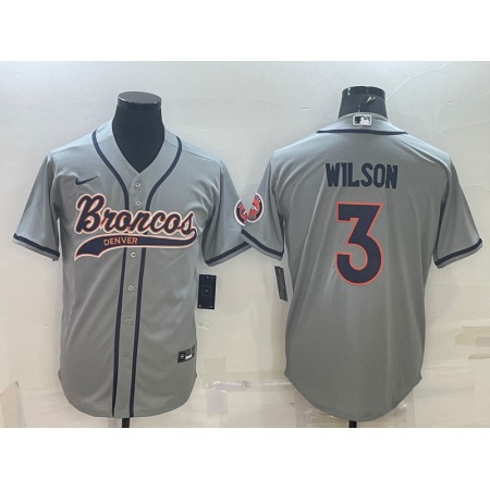 Men's Denver Broncos #3 Russell Wilson Grey With Patch Cool Base Stitched Baseball Jersey 562X