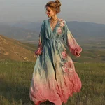 Women's Retro Bohemian Style Artistic Floral V-neck Long Dress. - Image 2