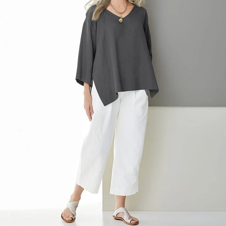 Women's V-neck cotton and linen shirt tops three-quarter sleeve side slits loose large size T-shirt socialshop