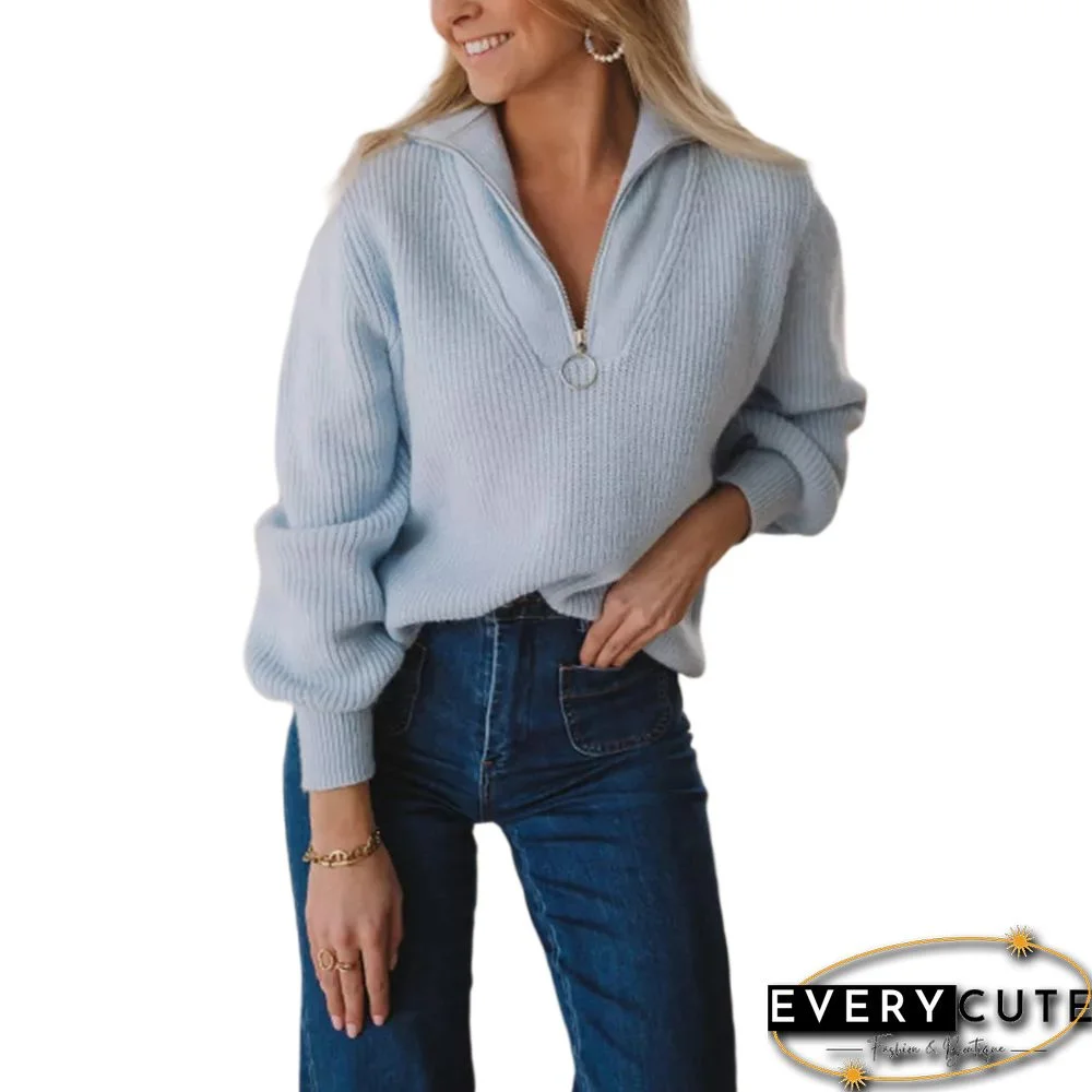Light Blue Zipper-up Lantern Sleeve Sweater