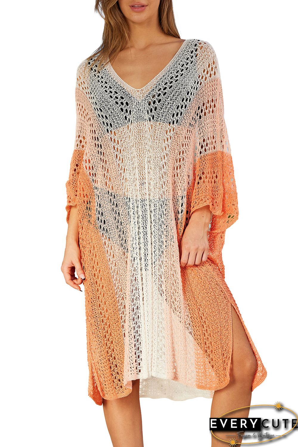 Orange Colorblock Hollow Out Batwing Sleeve Cover Up Beach Dress