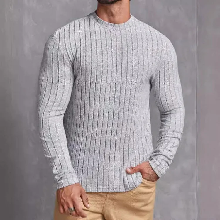 Men's Casual Solid Color Round Neck Striped Slim Fit Long Sleeve T-Shirt