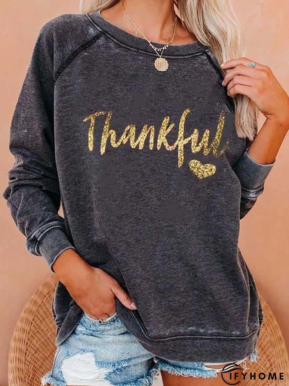 Thankful Print Round Neck Long Sleeve Sweatshirt | IFYHOME