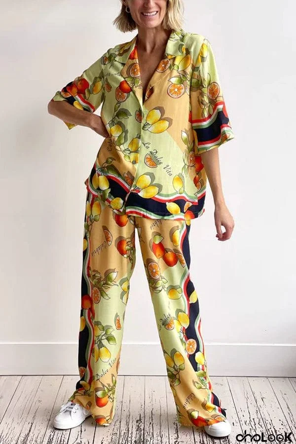 Fruity Citrus Linen Blend Printed Wide Leg Vacation Pants