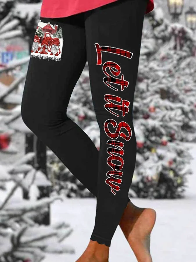 Wavy Edge Christmas Gnome Let It Snow Print Leggings