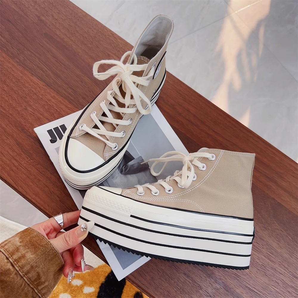 VCshoes Women Milk Tea Canvas Shoes Woman High Thick Wedges Heels Pumps Lady Dress Party Shoes Round Toe 32-47 Stripe Splicing