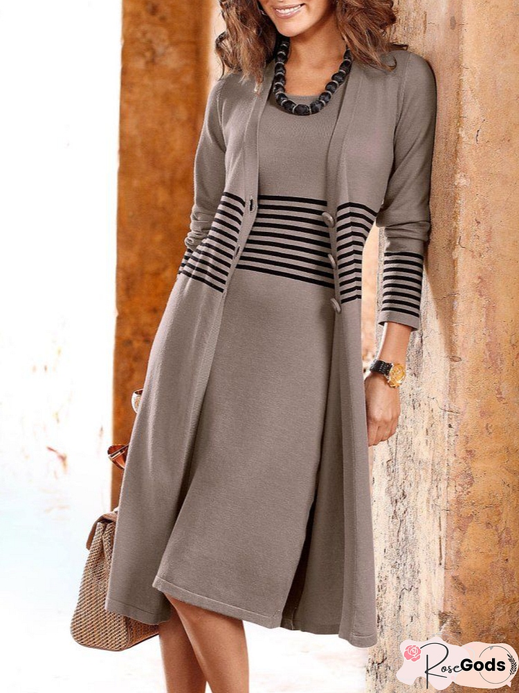 Women Plain Autumn Urban Natural Sleeveless Crew Neck Coat With Skirt Regular Size Two Piece Sets