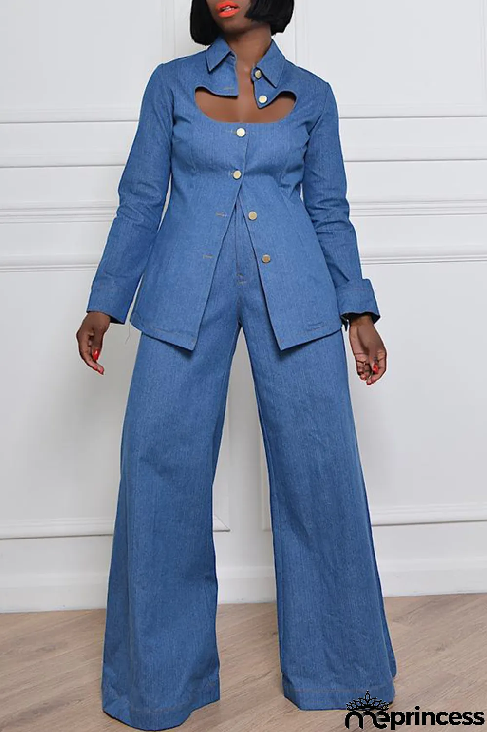 The cowboy blue Casual Solid Hollowed Out Turndown Collar Long Sleeve Two Pieces