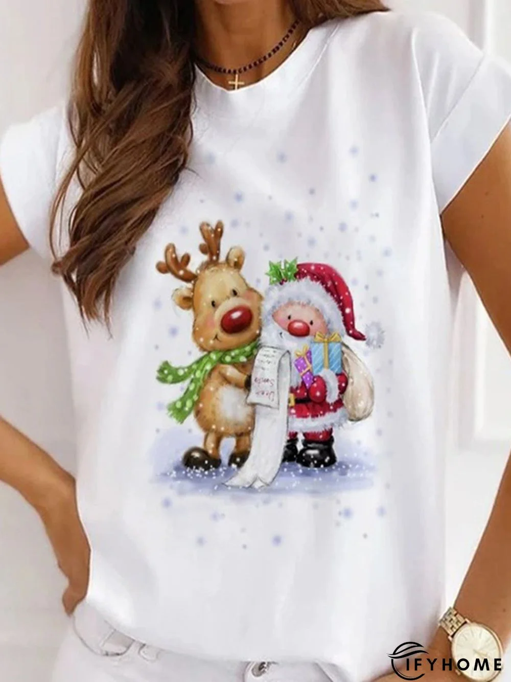 Christmas Loose Crew Neck Cotton Blends Short Sleeve T-Shirt | IFYHOME