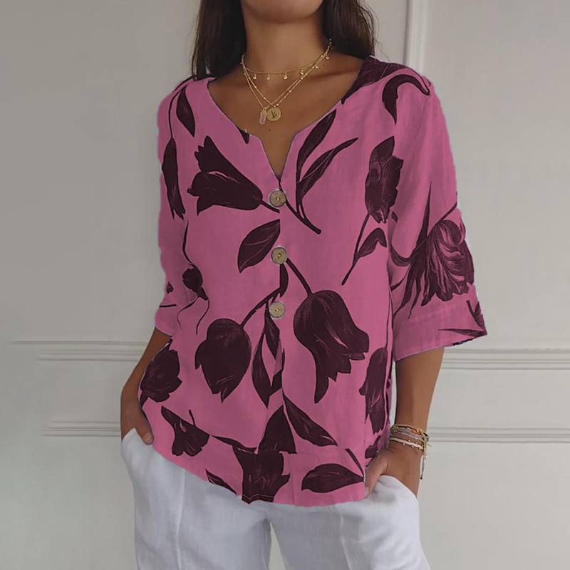 Comstylish Floral Printed V-Neck Cotton And Linen Tunic T-Shirt