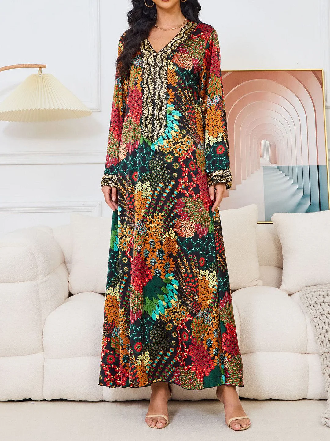 Women's Long Sleeve V-neck Sequins Graphic Printed Maxi Dress