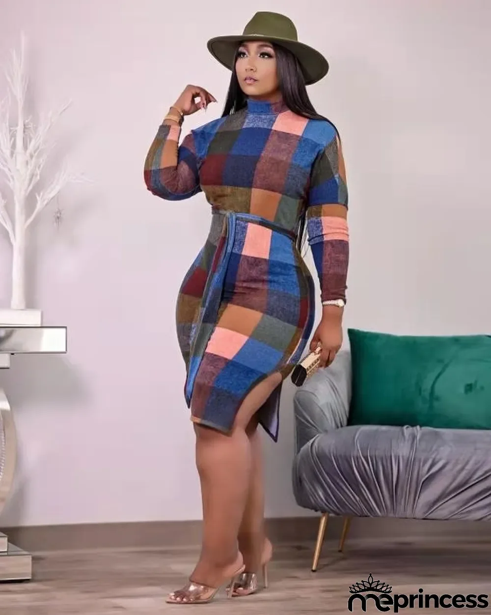 Sexy Printed Long Sleeve Split Sashes Midi Dress