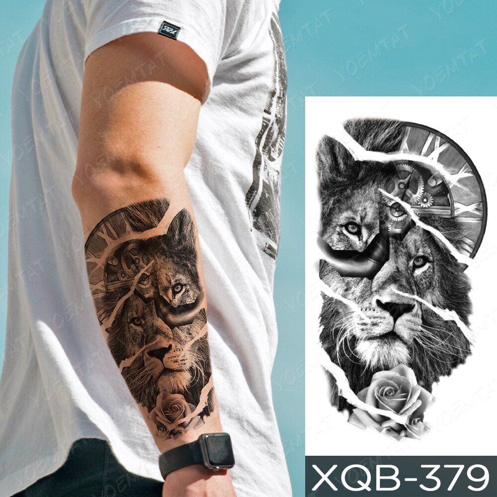 Gingf Lion Crown Temporary Tattoo Stickers For Women Men Tiger Rose Waterproof Flash Tattoos Body Transfer Art Arm Fake Tatoo