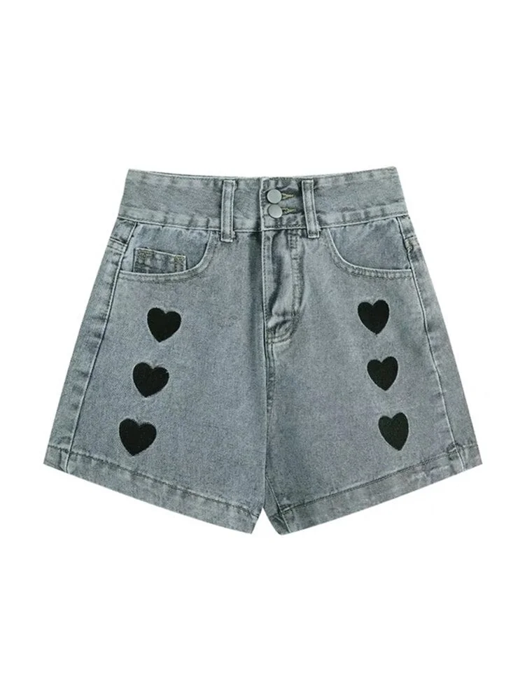 2022 New Summer Women High Waist Heart Embroidery Blue Wide Leg Denim Shorts Casual Female Solid Streetwear Stright Jeans Shorts