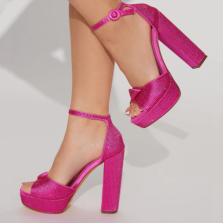 Hot Pink Ankle Strap Heels Peep Toe Party Rhinestone Platform Sandals |FSJ Shoes