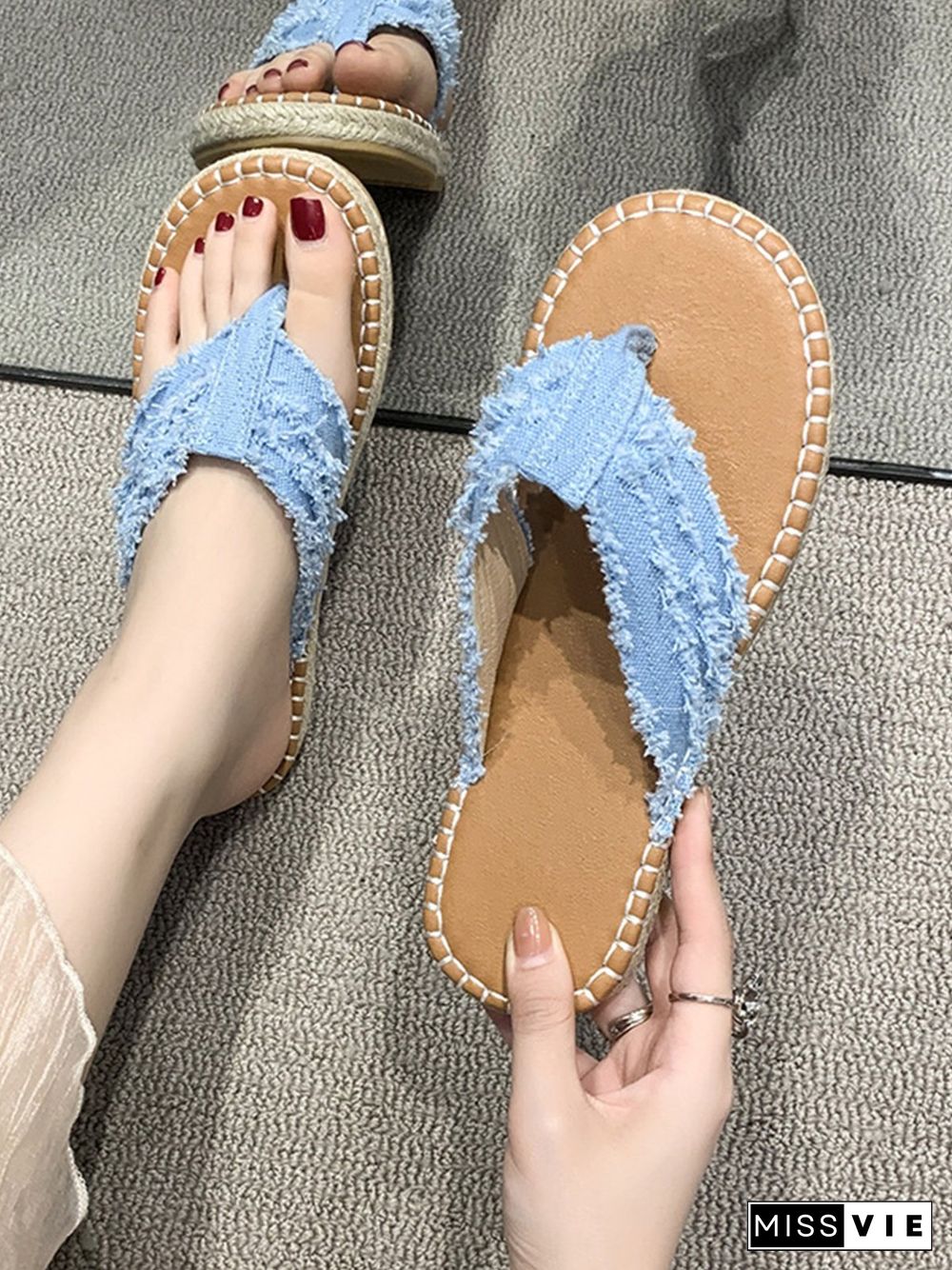 Distressed Denim Fringe Straw Bottom Flip Flops